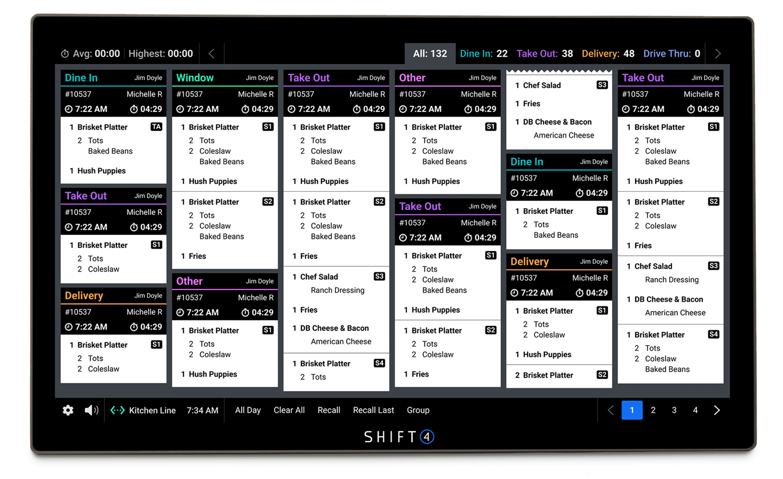 Shift4 Dine Kitchen Display System showing live order tickets